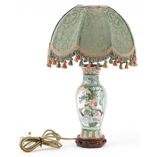 506 - Chinese porcelain baluster vase table lamp with shade hand painted in the famille verte palette with... 