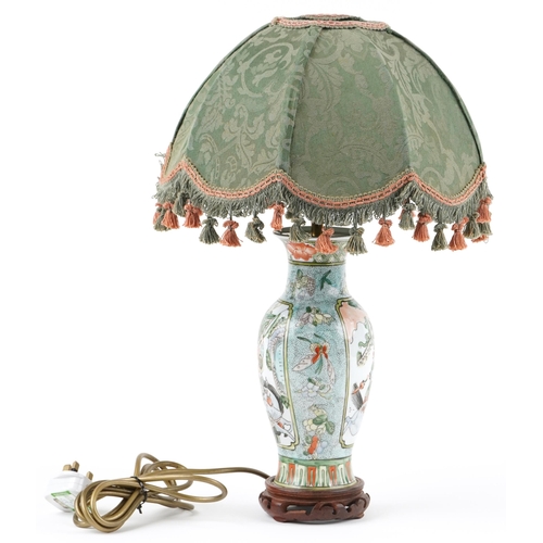 506 - Chinese porcelain baluster vase table lamp with shade hand painted in the famille verte palette with... 