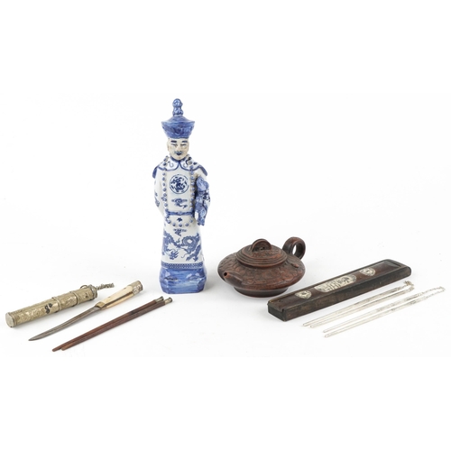 1405 - Chinese sundry items including a blue and white porcelain emperor and two pairs of white metal chops... 