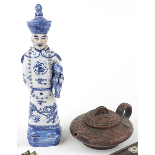 1405 - Chinese sundry items including a blue and white porcelain emperor and two pairs of white metal chops... 