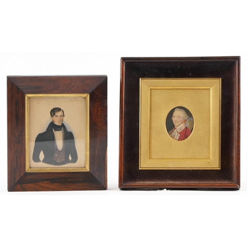 245 - Two early 19th century hand painted portrait miniatures housed in rosewood frames including an oval ... 