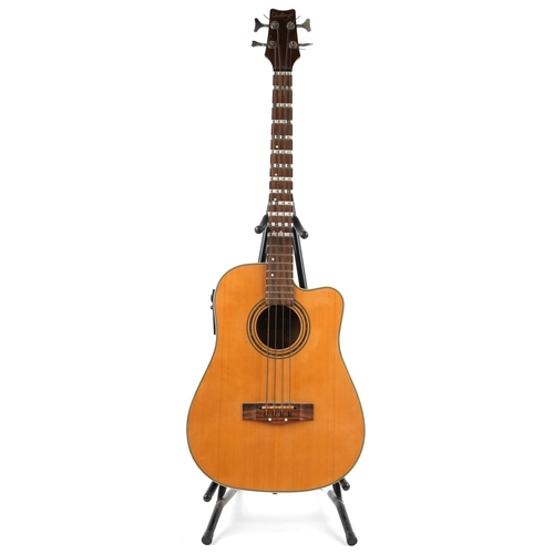 1198 - Challenge four string semi acoustic bass guitar, model AB203CE-N, 111cm in length