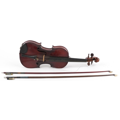 1200 - Old wooden violin with two bows, one impressed Bausch, with hardwood case, the violin bearing an Sev... 