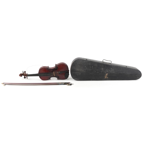 1200 - Old wooden violin with two bows, one impressed Bausch, with hardwood case, the violin bearing an Sev... 