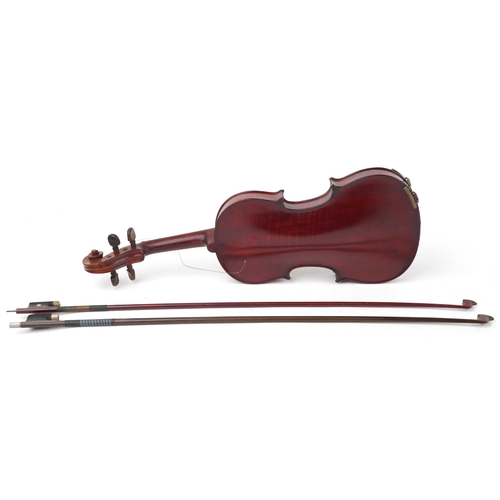 1200 - Old wooden violin with two bows, one impressed Bausch, with hardwood case, the violin bearing an Sev... 