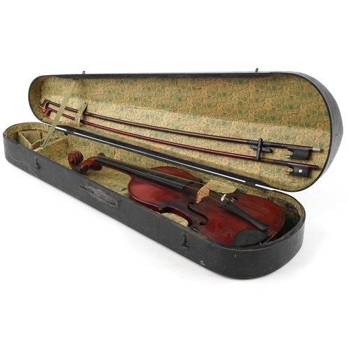 1200 - Old wooden violin with two bows, one impressed Bausch, with hardwood case, the violin bearing an Sev... 