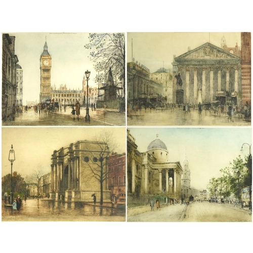 1121 - Edward King - London street scenes, set of four pencil signed coloured etchings, mounted, framed and... 