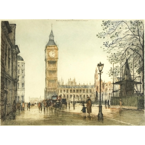 1121 - Edward King - London street scenes, set of four pencil signed coloured etchings, mounted, framed and... 