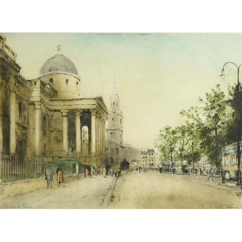 1121 - Edward King - London street scenes, set of four pencil signed coloured etchings, mounted, framed and... 