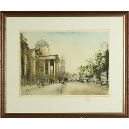 1121 - Edward King - London street scenes, set of four pencil signed coloured etchings, mounted, framed and... 