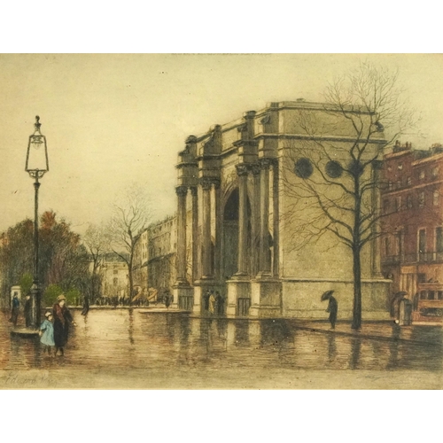 1121 - Edward King - London street scenes, set of four pencil signed coloured etchings, mounted, framed and... 