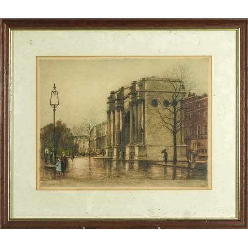 1121 - Edward King - London street scenes, set of four pencil signed coloured etchings, mounted, framed and... 