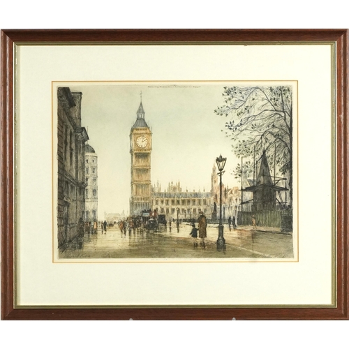 1121 - Edward King - London street scenes, set of four pencil signed coloured etchings, mounted, framed and... 