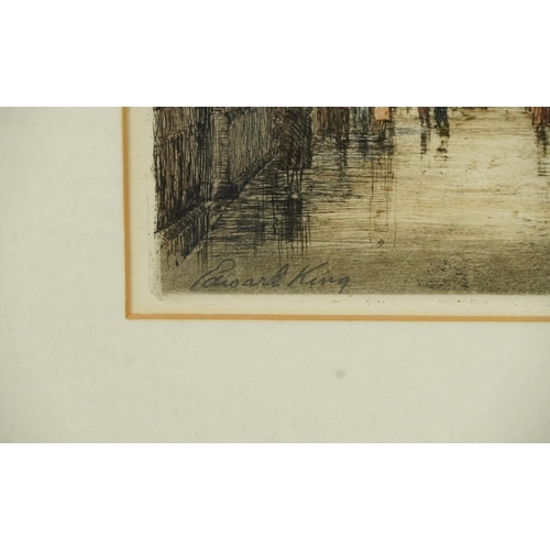 1121 - Edward King - London street scenes, set of four pencil signed coloured etchings, mounted, framed and... 