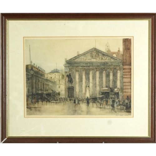 1121 - Edward King - London street scenes, set of four pencil signed coloured etchings, mounted, framed and... 