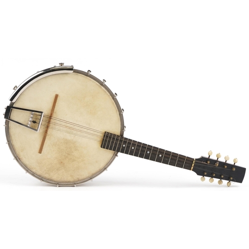 1205 - John Alvey Turner of London, mahogany and rosewood eight string banjolele with mother of pearl inlay... 