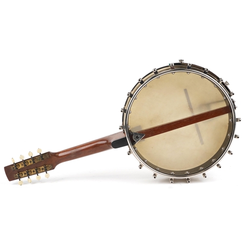 1205 - John Alvey Turner of London, mahogany and rosewood eight string banjolele with mother of pearl inlay... 