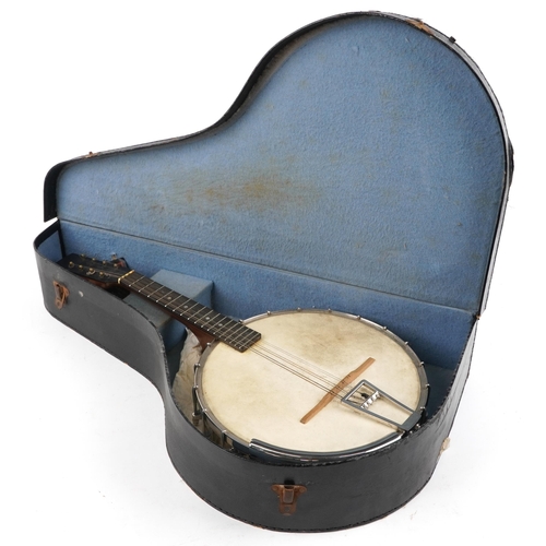 1205 - John Alvey Turner of London, mahogany and rosewood eight string banjolele with mother of pearl inlay... 