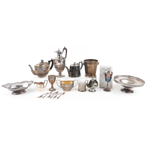 1392 - Silver and white metal including a filigree cup holder, three piece tea set and a pedestal pierced b... 