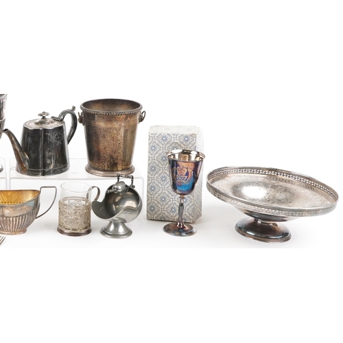 1392 - Silver and white metal including a filigree cup holder, three piece tea set and a pedestal pierced b... 