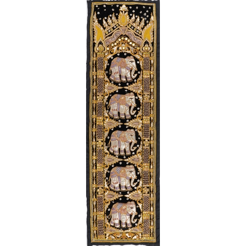 381 - Indian silk wall textile embroidered with elephants, 150cm x 43cm