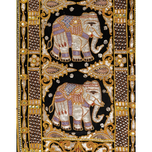 381 - Indian silk wall textile embroidered with elephants, 150cm x 43cm