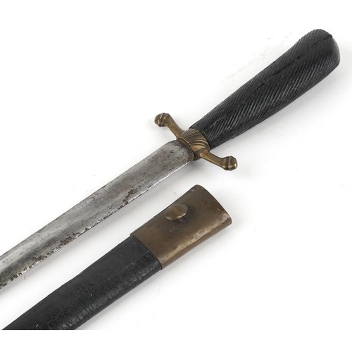 675 - 19th century European stiletto knife with carved wood handle and leather sheath, 37cm in length