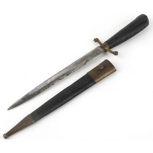 675 - 19th century European stiletto knife with carved wood handle and leather sheath, 37cm in length