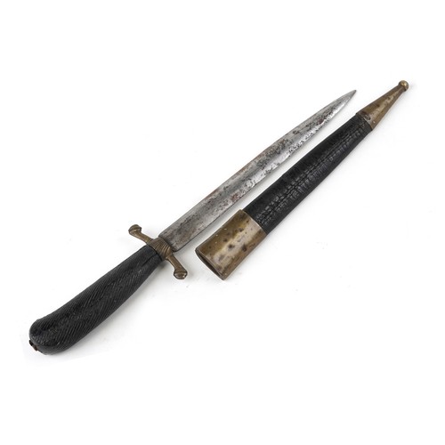 675 - 19th century European stiletto knife with carved wood handle and leather sheath, 37cm in length