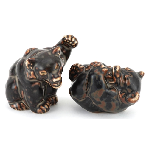 116 - Knud Kyhn for Royal Copenhagen, two mid century Danish bear cubs having mottled brown glazes, number... 