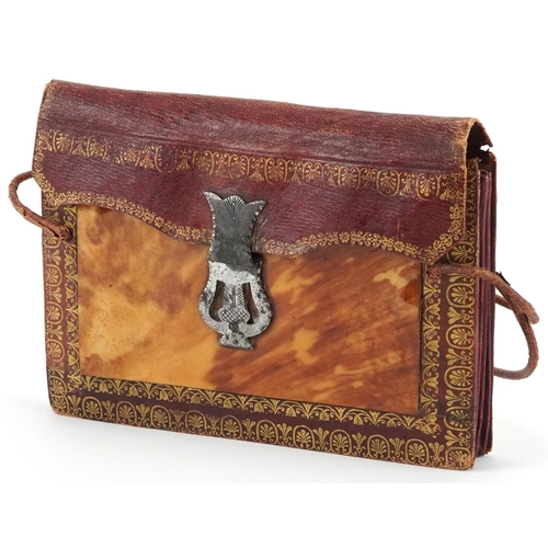 294 - 19th century Moroccan tooled leather and blond tortoiseshell concertina purse with steel lock, 18cm ... 