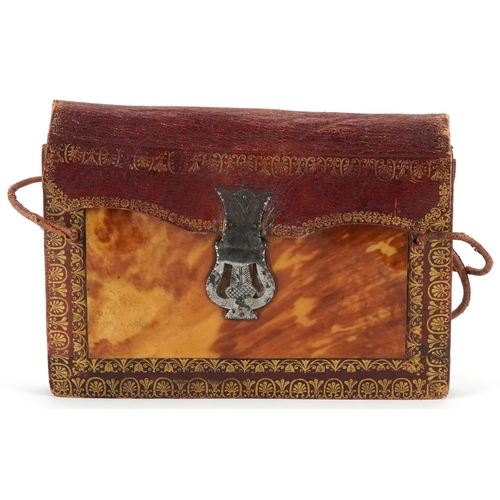 294 - 19th century Moroccan tooled leather and blond tortoiseshell concertina purse with steel lock, 18cm ... 