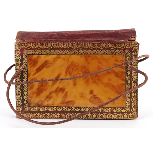 294 - 19th century Moroccan tooled leather and blond tortoiseshell concertina purse with steel lock, 18cm ... 