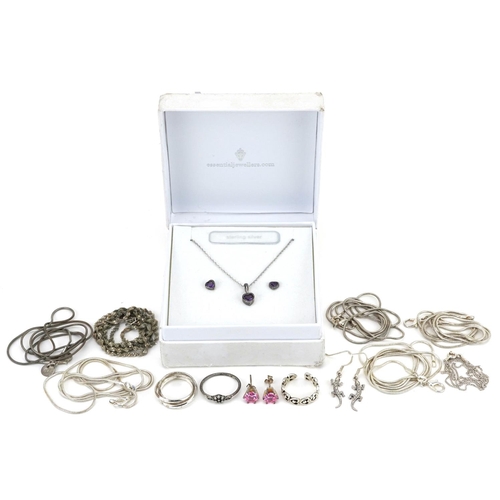 2677 - Silver and white metal jewellery including necklaces, pink stone earrings and an amethyst love heart... 