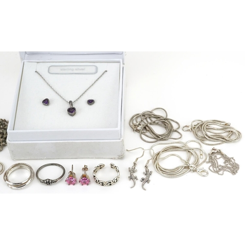 2677 - Silver and white metal jewellery including necklaces, pink stone earrings and an amethyst love heart... 