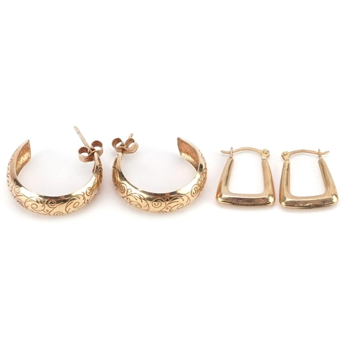 2133 - Two pairs of 9ct gold hoop earrings, one pair with floral engraved decoration, the largest 1.9cm in ... 