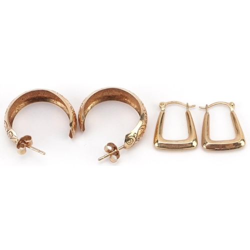 2133 - Two pairs of 9ct gold hoop earrings, one pair with floral engraved decoration, the largest 1.9cm in ... 