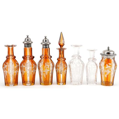 132 - William Evans, Victorian silver six bottle cruet stand with six cut glass bottles including four Boh... 