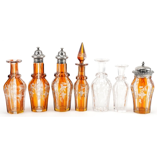 132 - William Evans, Victorian silver six bottle cruet stand with six cut glass bottles including four Boh... 