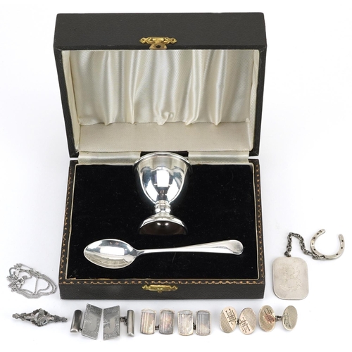 1343 - Victorian and later silver and white metal jewellery and a silver christening eggcup and spoon with ... 