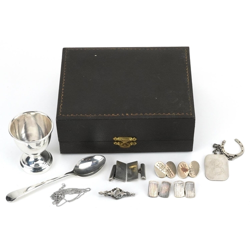 1343 - Victorian and later silver and white metal jewellery and a silver christening eggcup and spoon with ... 