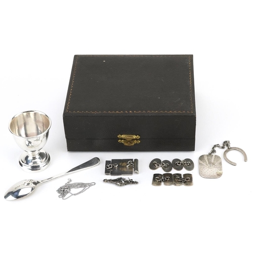 1343 - Victorian and later silver and white metal jewellery and a silver christening eggcup and spoon with ... 