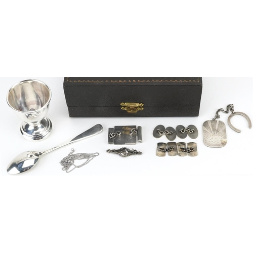 1343 - Victorian and later silver and white metal jewellery and a silver christening eggcup and spoon with ... 