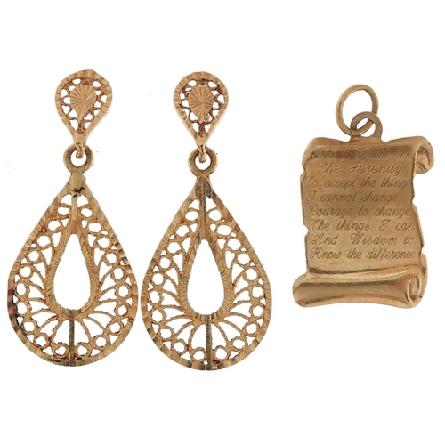 2234 - Pair of unmarked gold filigree drop earrings and a 9ct gold pendant in the form of a scroll with eng... 