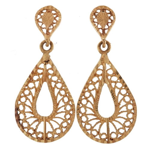 2234 - Pair of unmarked gold filigree drop earrings and a 9ct gold pendant in the form of a scroll with eng... 