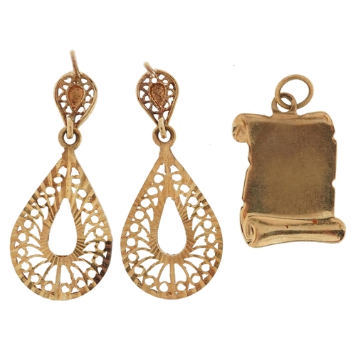 2234 - Pair of unmarked gold filigree drop earrings and a 9ct gold pendant in the form of a scroll with eng... 