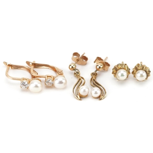 2534 - Three pairs of gold and pearl earrings comprising two 9ct gold pairs and a 10k gold pair set with cl... 