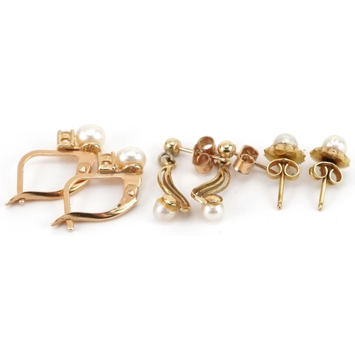 2534 - Three pairs of gold and pearl earrings comprising two 9ct gold pairs and a 10k gold pair set with cl... 