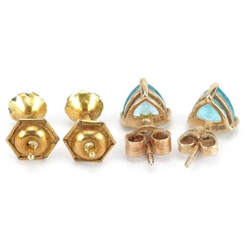 2435 - Two pairs of 9ct gold stud earrings including a pair set with blue topaz, the largest 6.5mm high, to... 