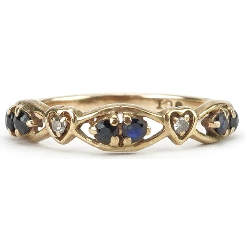 2481 - 9ct gold diamond and sapphire pierced love heart half eternity ring, size M, 1.3g